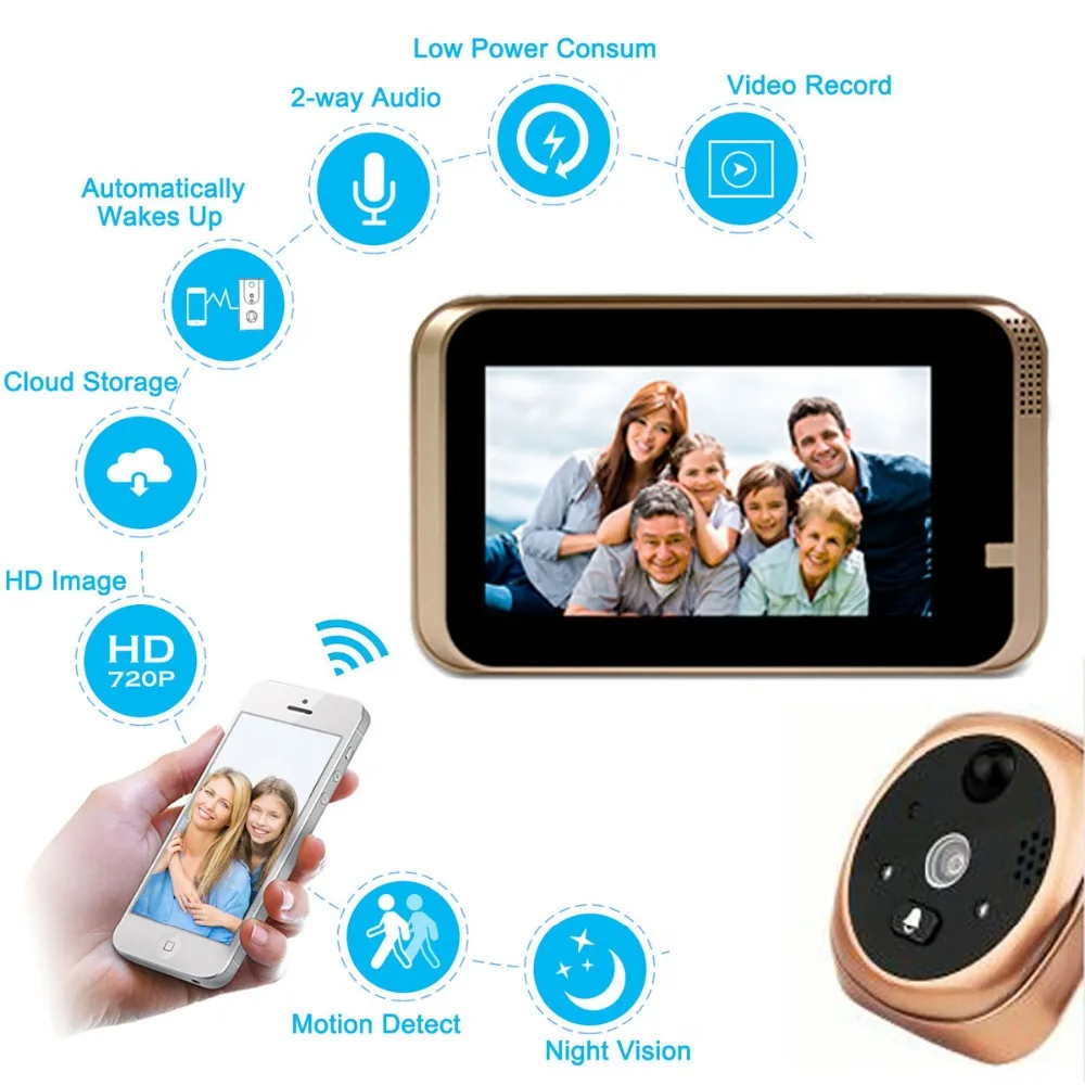 Глазок камера дверной звонок Wifi 4 3 дюймов монитор Смарт видео HD720P ночное видение