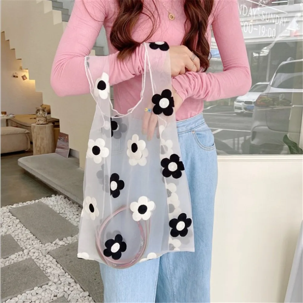

New Women Embroidered Floral Handbag Translucent Organza Mesh Tote Shoulder Bags Daisy Casual Large Shopping Eco Bag For Female