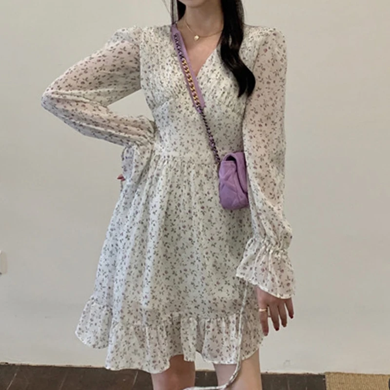 

Floral Print Chiffon Dress Woman Fashion Long Sleeve Lace V-Neck Ladies Dress Simple High Waist Slim Mini A-line Dresses Women