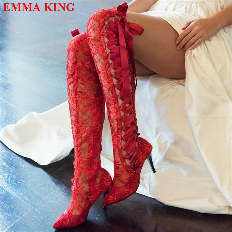 Fashion Black Lace Over The Knee Boots Lace Up Gothic Thigh High Boots High Heels Long Bridal Boots Pointed White Wedding Boots