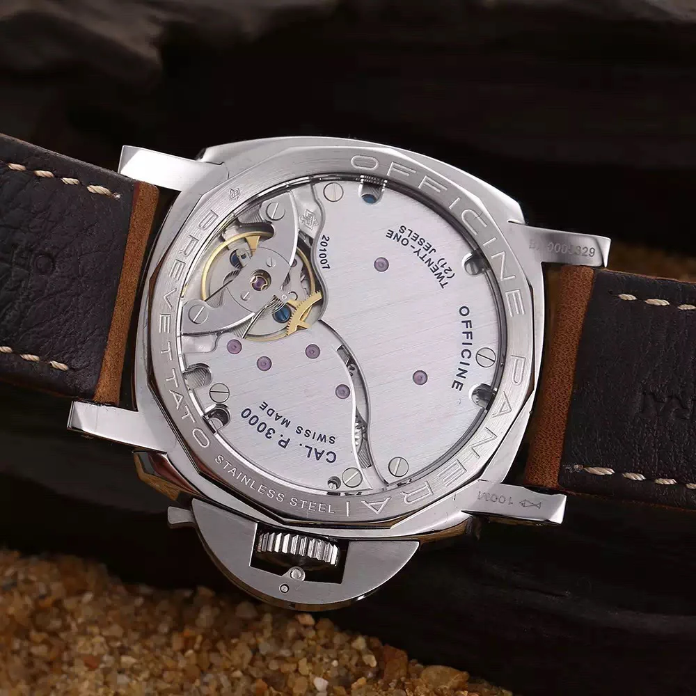 

Classic New Men Automatic Mechanical Glass Back Stainless Steel Silver 1950 Watches 3 Days Black Leather Big Watch Luminous