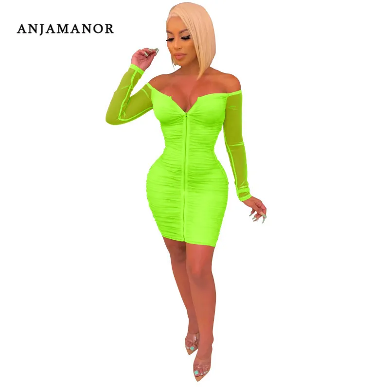 ANJAMANOR Sexy Mesh Nightclub Party Dress Ruched Zipper Up Off The Shoulder Long Sleeve Bodycon Bandage Fall 2019 D36-AD17 | Женская