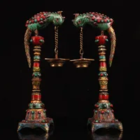 13"Tibet temple Old Bronze outline in gold Painted mosaic Gem Lucky Bird Hang Oil lamp Wax table A pair Ornaments Exorcism