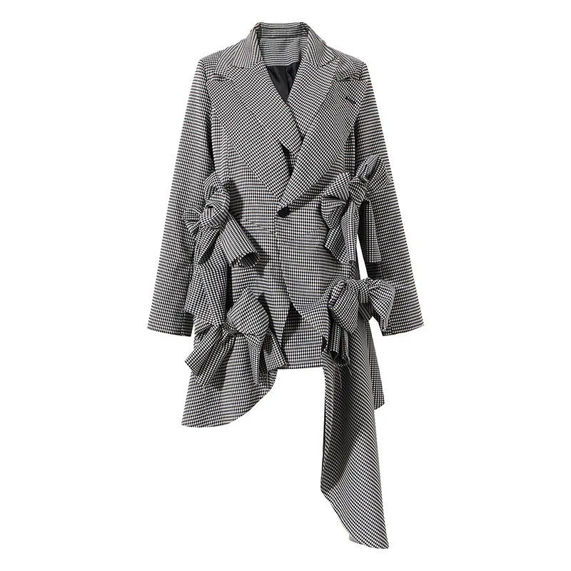 

SuperAen New Design Coat 2022 Spring Deconstruction Plaid Bow Patchwork Asymmetric Fake Two-piece Suit Women Blazers