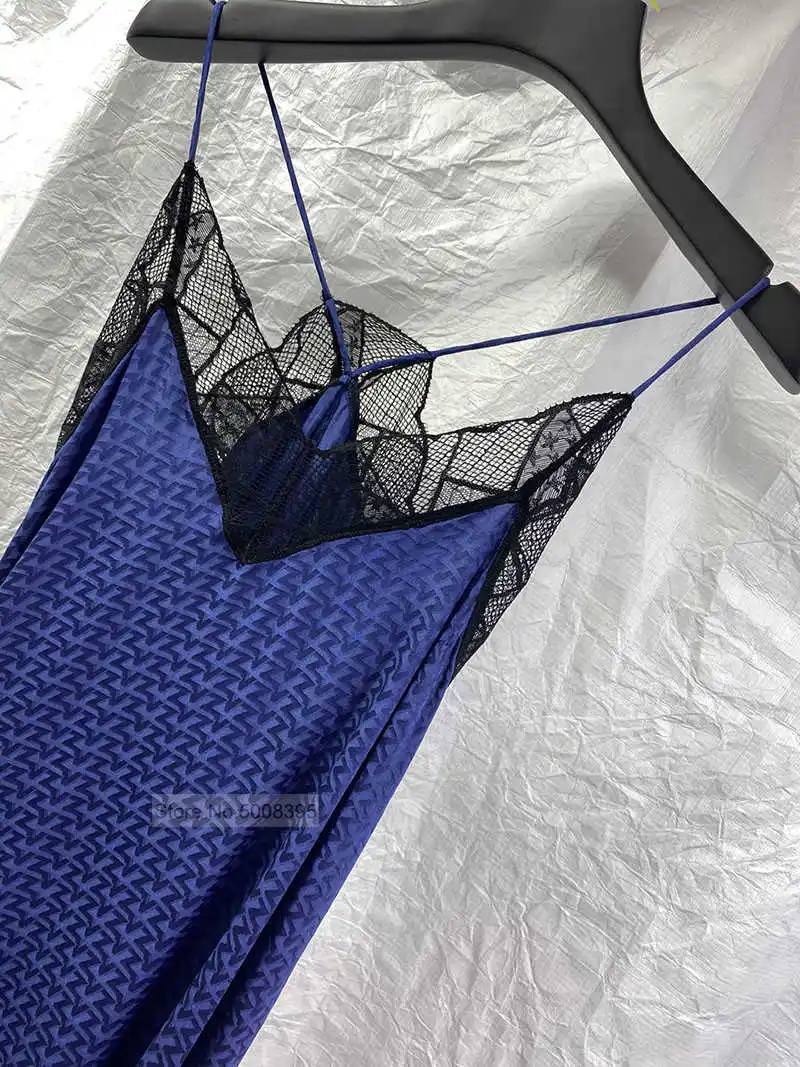 

Ladies Blue Letters Jacquard Silk Asymmetric Dress V-neck Black Embroidered Lace Detail Thin Straps Sleeveless Fashion Dress