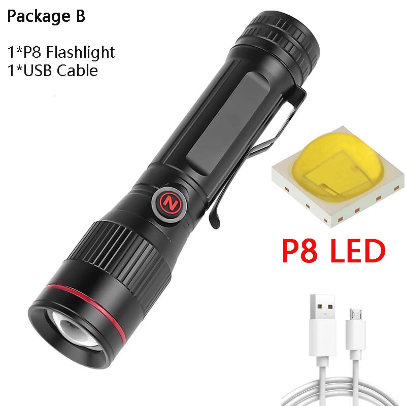 Package B P8 светодиодный фонарь из алюминиевого сплава USB Перезаряжаемый фонарь Водонепроницаемый 1x18650 переключатель режимов Ультраяркий фонарь один аккумулятор - Испускаемый цвет: Package B