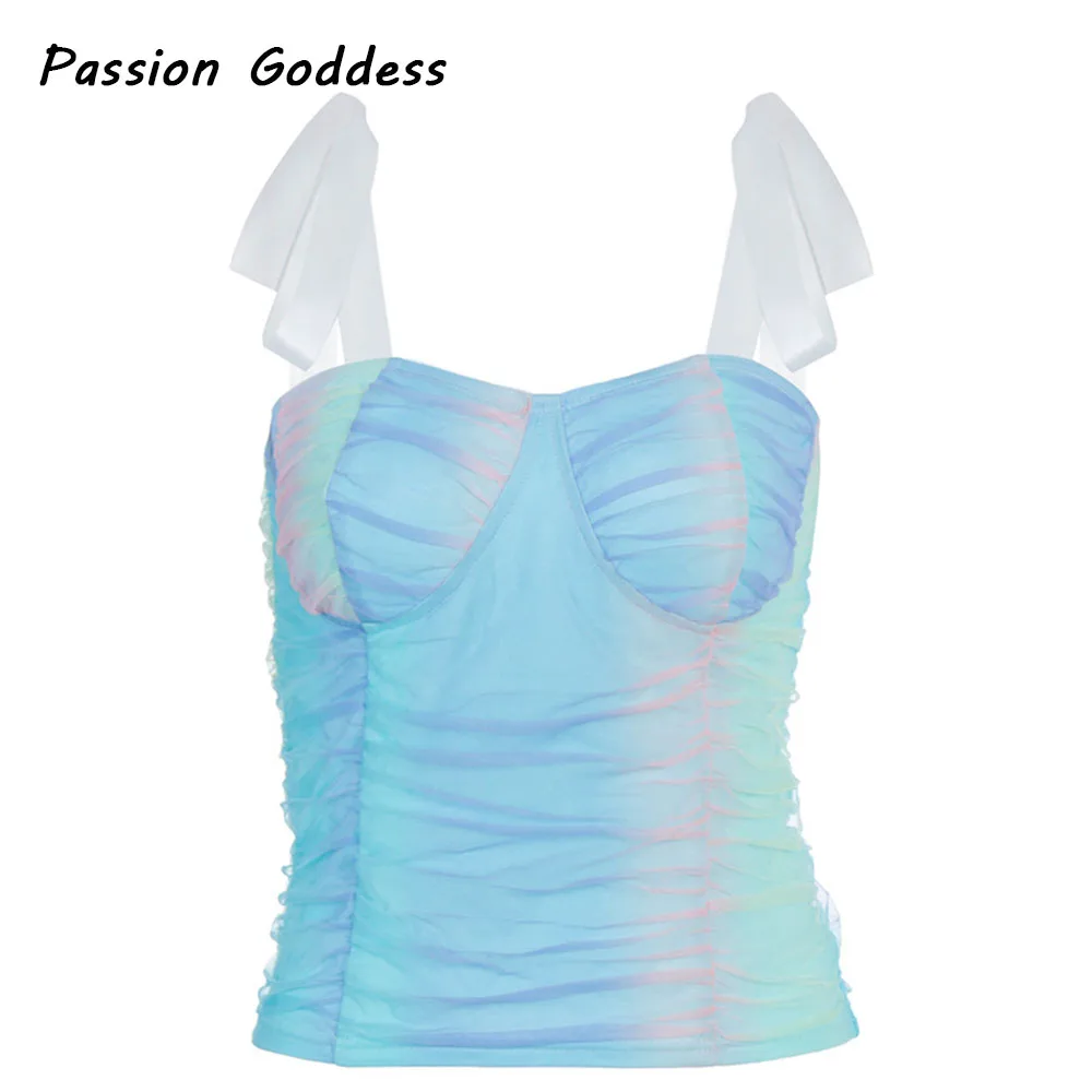 Женский Радужный разноцветный топ с завязками на завязках сетчатый двухслойный