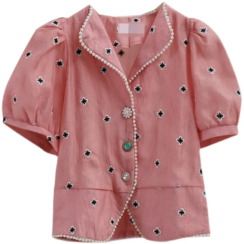 

Elegant High Street Women's Beaded Embroidery Lapel Floral Shirt French Style Sweet Puff Sleeve Single Breasted Blouse for Women