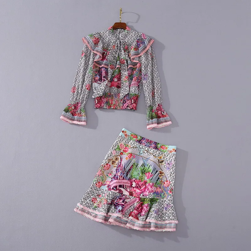 

И Американская Женская одежда в европейском стиле, Новинка лета 2021, стильная рубашка с длинными рукавами и юбка-годе с принтом волана, модны...