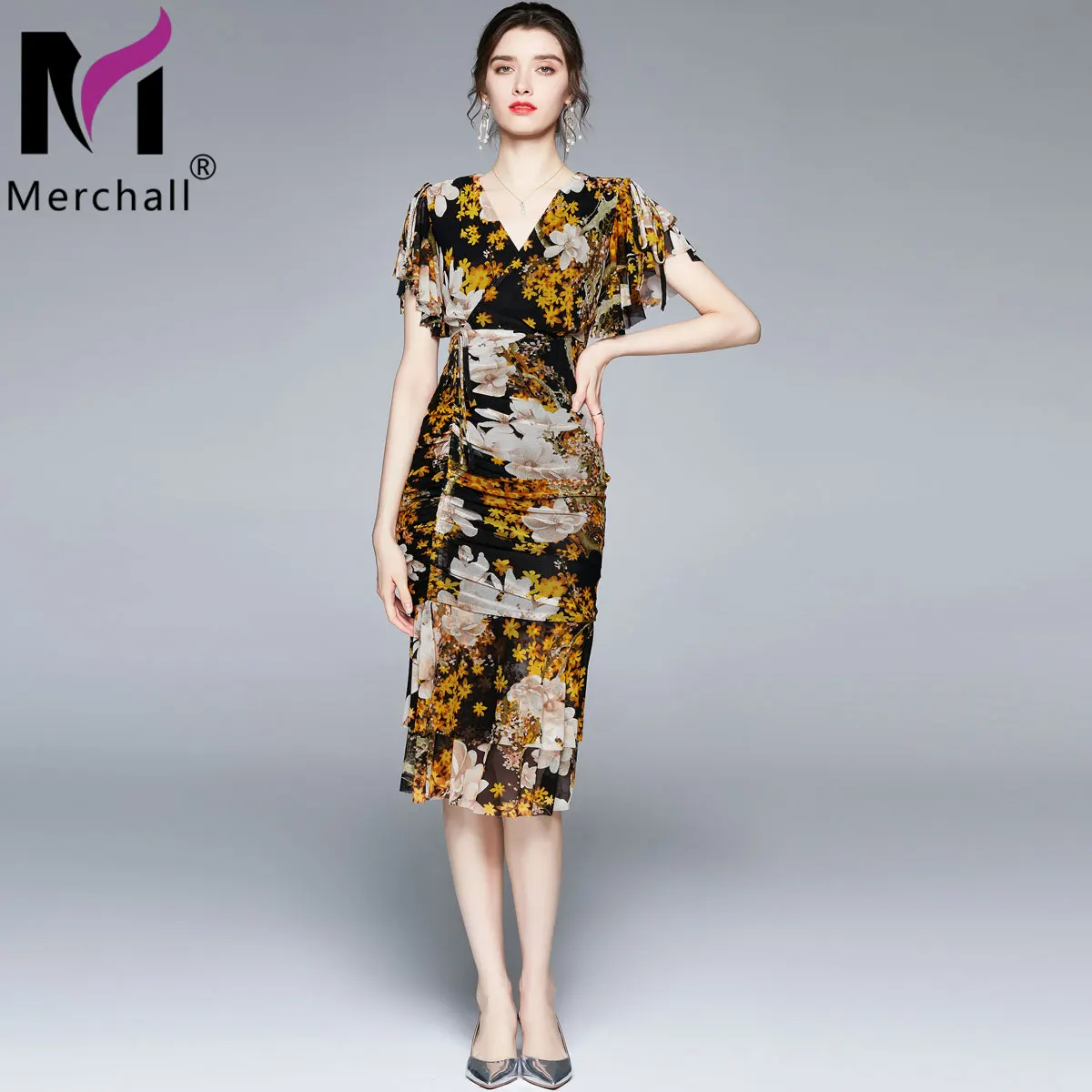 

Merchall Summer Ruched Stretch Woman Midi Sheath Dress Mesh Flower Print V Neck Batwing Sleeve Elastic Package Hip Dress M78896