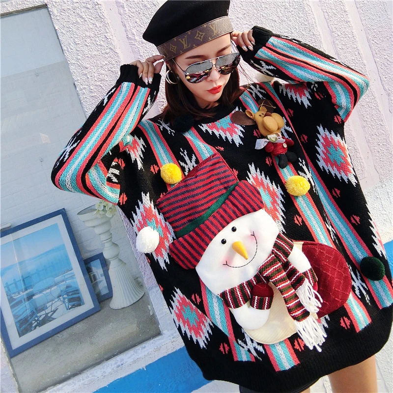 Vefadisa Christmas Sweater Woman 2019 Appliques Pullovers Winter Warm Thick Knitting Tops O-Neck QYF1034 | Женская одежда