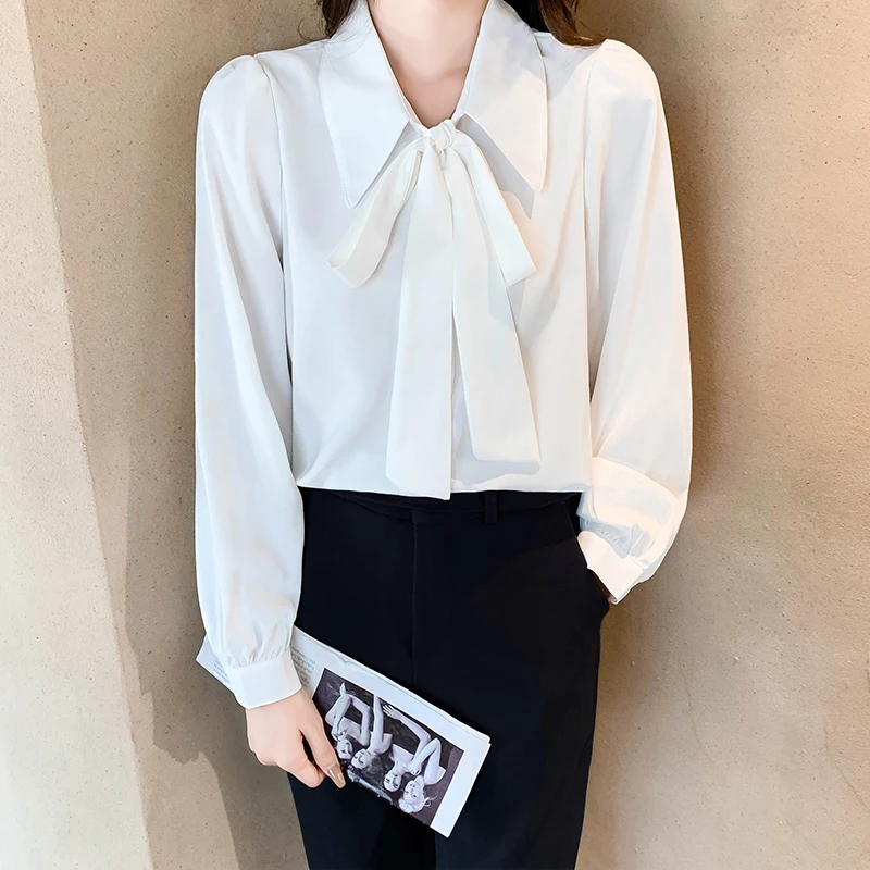 

Chiffon Loose Women's Shirts New Fashion Blouses Solid Bow Tie Shirts Autumn Casual Long Sleeve Blusas Houthion