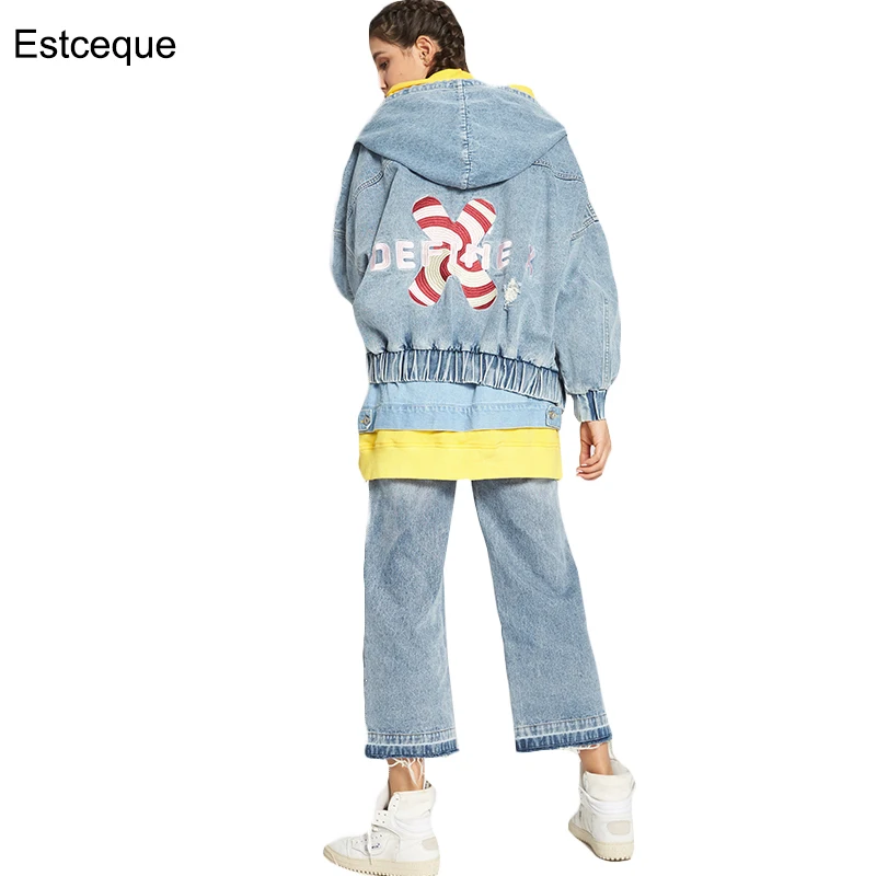Женская джинсовая куртка с вышивкой Корейская уличная одежда на молнии дырками