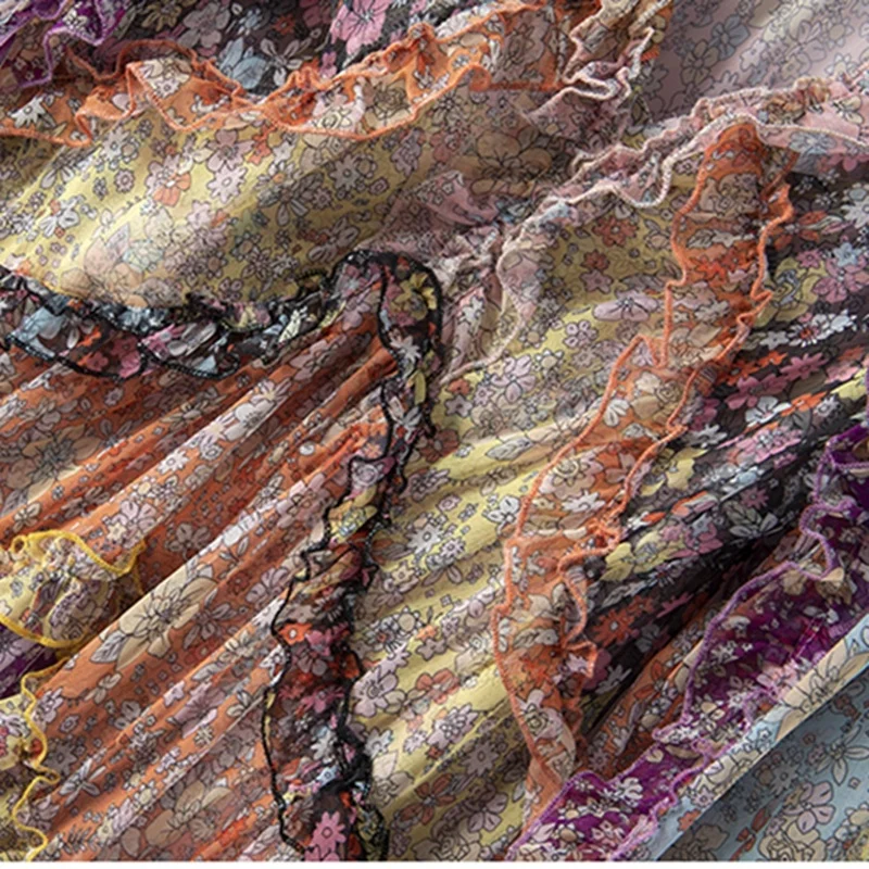 

Designer color contrast printing floral stitching long-sleeved waist lantern sleeve holiday heavy industry dress