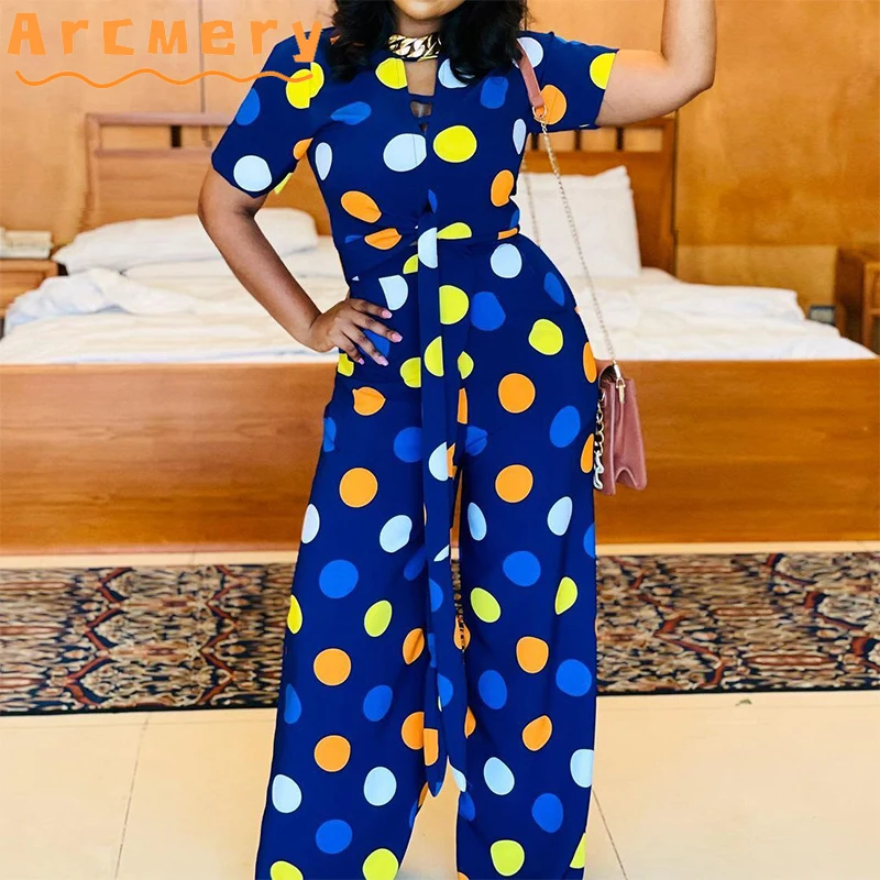 

Women Plus Size Dot Printed Belt Wide Leg Jumpsuits