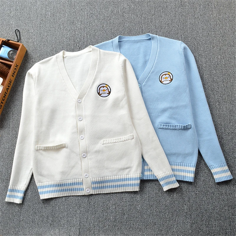 2021 College Style JK School Uniform Student Clothes For Women Long Sleeve Cartoons Embroidery Knit Cardigan V Neck Sweater Coat |