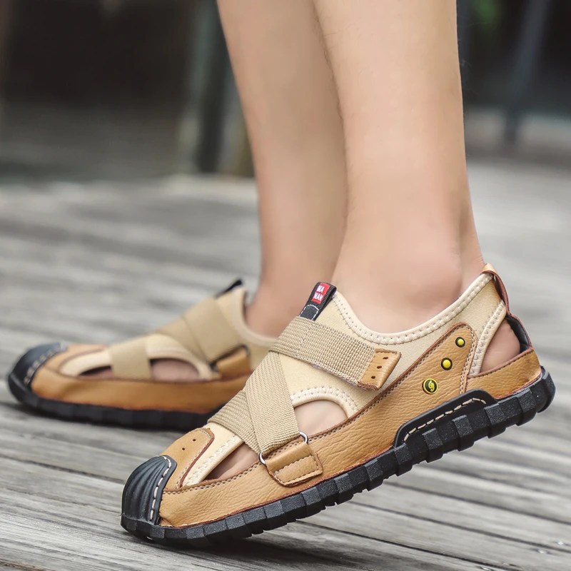 Мужские сандалии из натуральной кожи дышащие с вырезами Повседневная Уличная