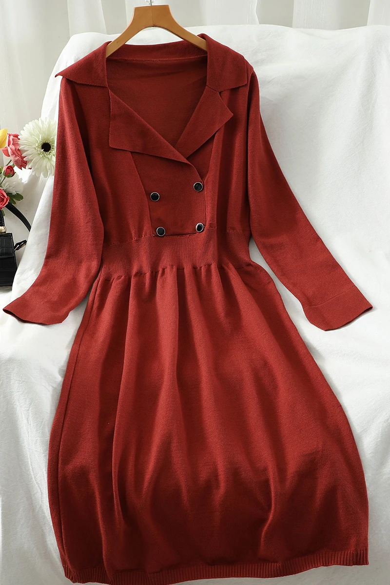 

Korean simple knitted Dress Women autumn 2020 New V-neck waist slimming solid color Long-sleeved mid-length knitted Dress Female