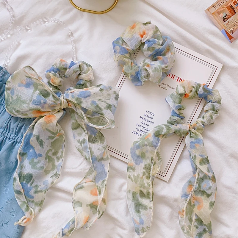 

Low Ponytail Hair Band Watercolor Oil Painting Series Bowknot Streamer Hair Tie Large Hair Scrunchies Hair Rope Hair Accessories