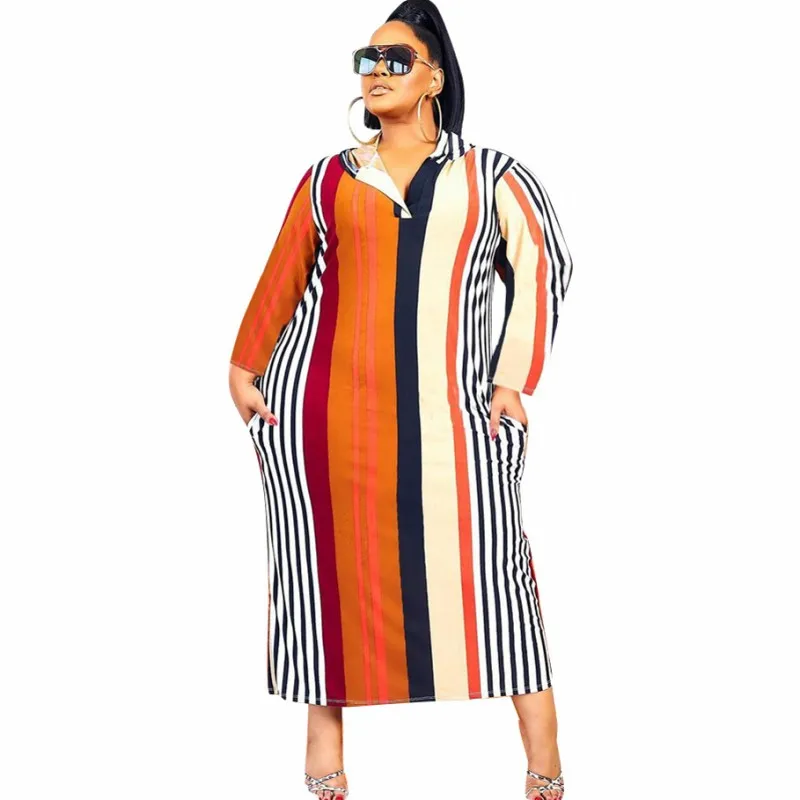 

5XL Plus Size Women Dress Full Sleeve Hooded Back Hollow Robes Autumn New Striped Print Casual Large Size Office Lady Dress 2021