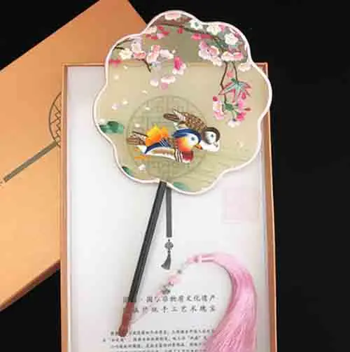 Роскошный китайский ручной фанат Hanfu Женский двусторонний веер с вышивкой и