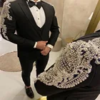 Роскошные индивидуальный заказ Slim Fit Кристаллы бисером черные мужские свадебные костюмы комплект из 3 предметов: пиджак + жилет + штаны, Костюмы для жениха пиджаки смокинги