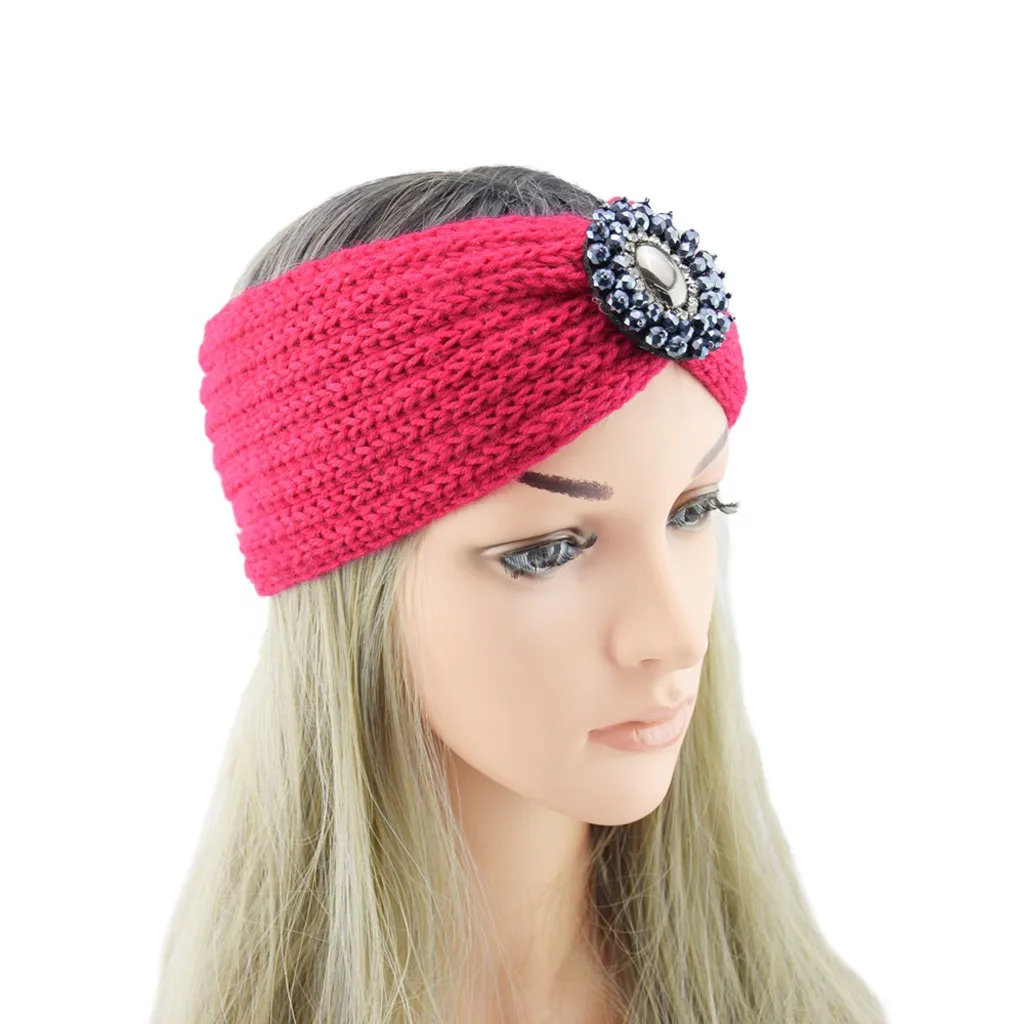Женский ободок для волос однотонный из шерсти украшенный стразами| |
