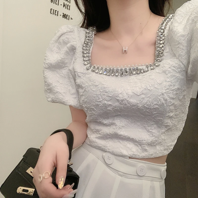 

QOERLIN Heavy Industry Jacquard Beaded Cropped Tops Blouse Chic Back Elastic Bowtie Shirts High End Puff Sleeve Square Collar