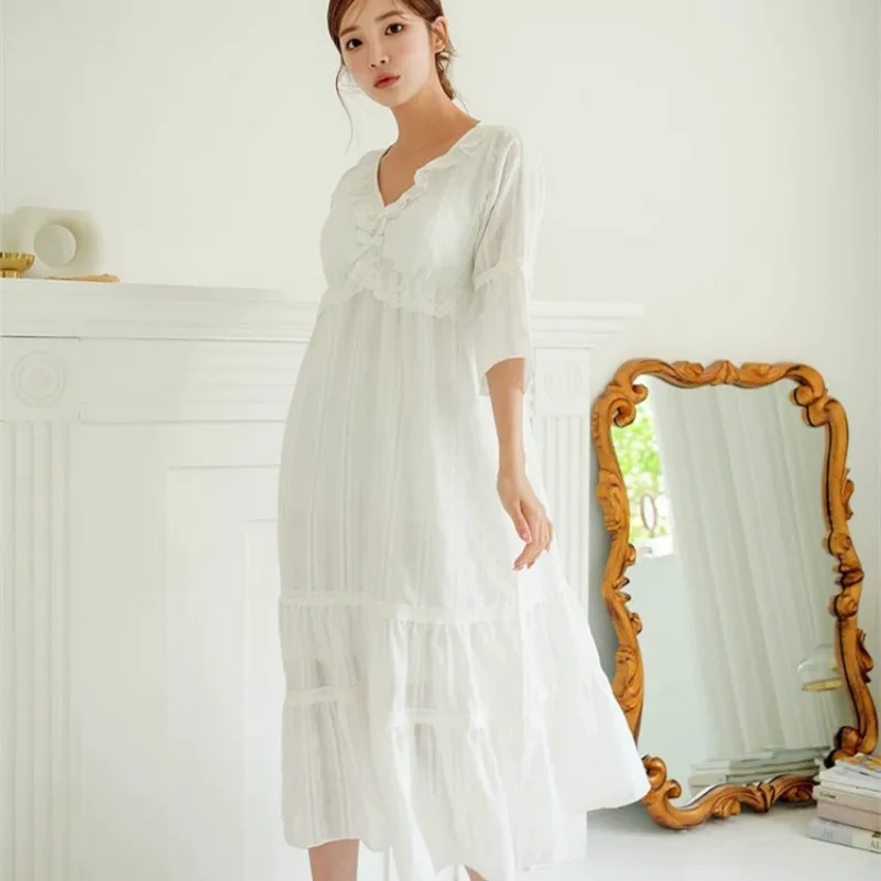 

New Cotton Jacquard Nightgowns White Long V-neck Lace Fairy Nightdress Three Quarter Sleepwear Women Sexy Night Dress Sleep Tops