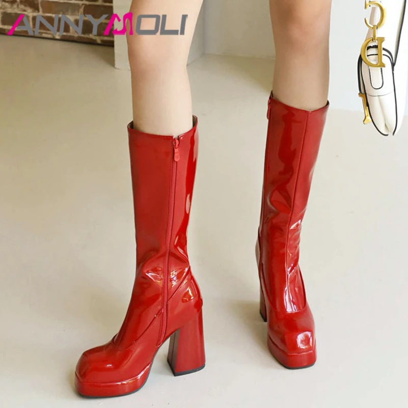 

ANNYMOLI Shoes Women PU Leather Knee High Boots Square Toe Zipper Shoes Platform Chunky High Heel Long Boots Winter Big 33-46