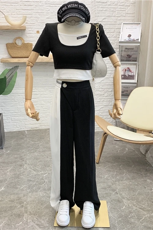 

Short Stitching Fake Two Piece T Shirts Short Sleeved Top High Waist Contrast Color Wide Leg Casual Pants Two Piece Pants Set