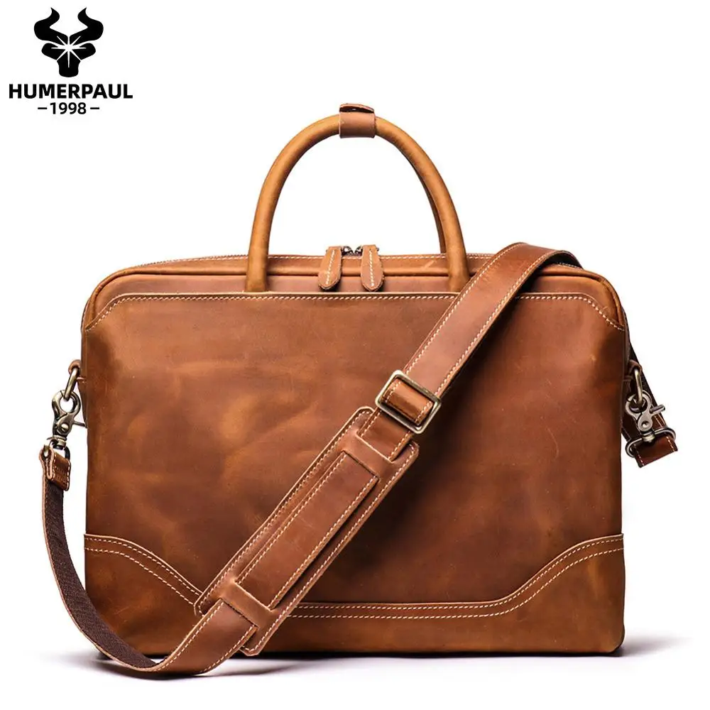 

Men Leather Shoulder Bag Large Capacity 14 Inch Laptop Briefcase Bags for Documents Messenger Bag Vintage Leather Business Tote