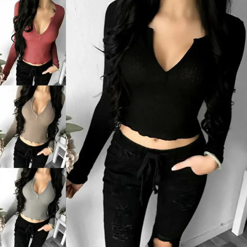 Женский Осенний короткий свитер с V-образным вырезом и длинным рукавом | Женская