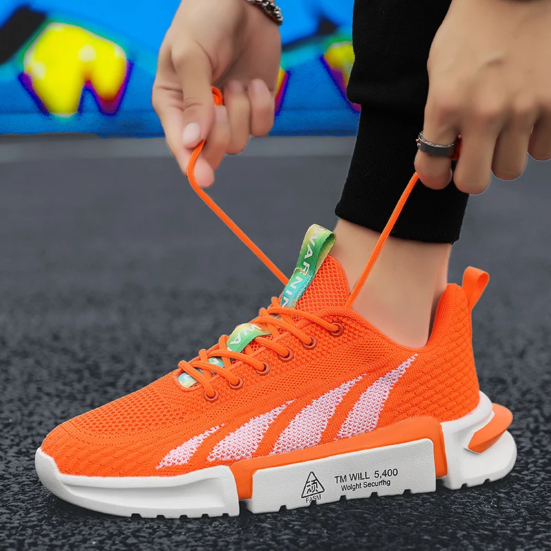 Spring New Orange Men's Running Sneakers Low-cut Knitted Sports Shoes for Women Lightweight Breathable Gym Shoes Men Trainers