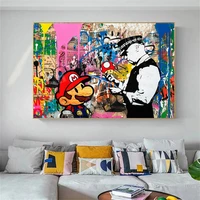 funny policeman and mario graffiti art poster and prints watercolour canvas wall painting for kids room home decor cuadros