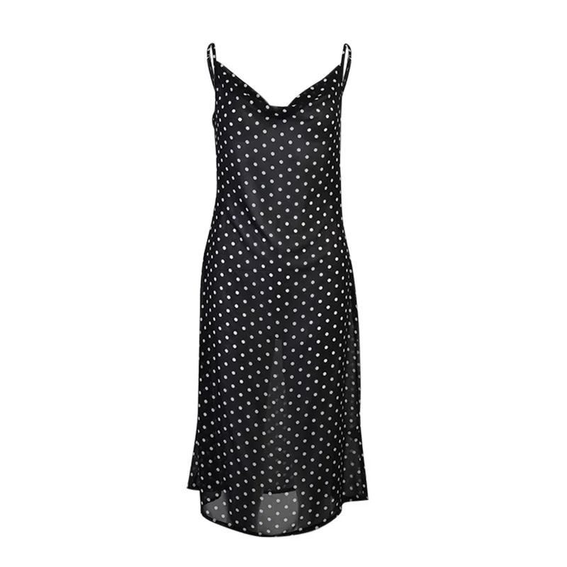 

2021 Sleeveless Zip Up Bandage Point Print Mesh See-Through Knee-length Dress Sexy Spring Autumn Women Party Club Clothings