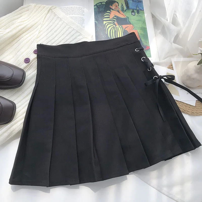 

KUSAHIKI Korean Side Cross Bow Tie Skirts Womens High Waist Pleated A-line Mini Skirt Causal New Faldas Mujer Moda 2021 6G352