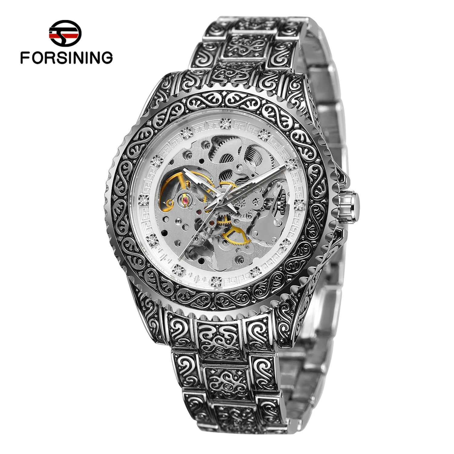 

Forsining Luxury Men Automatic Mechanical Wristwatch Waterproof Stainless Steel Diamond Watch Golden Men's clock Vintage Reloj