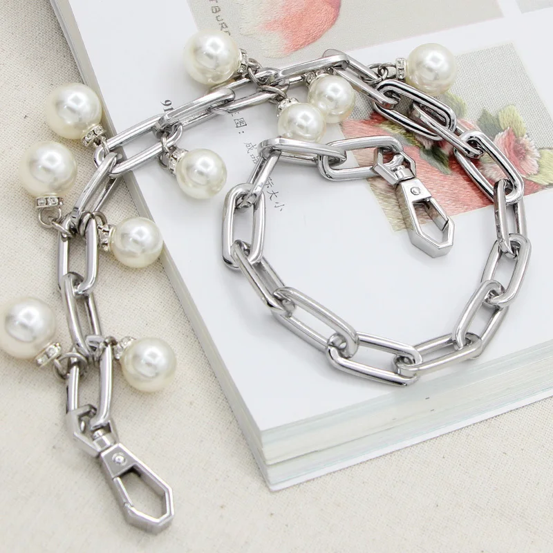 High Light Pearl Alloy Chain Manual Diy Hardware Parts Single Straps Messenger Backpack Bring Bead Gold Metal Chain Bag Strap - Цвет: Silver