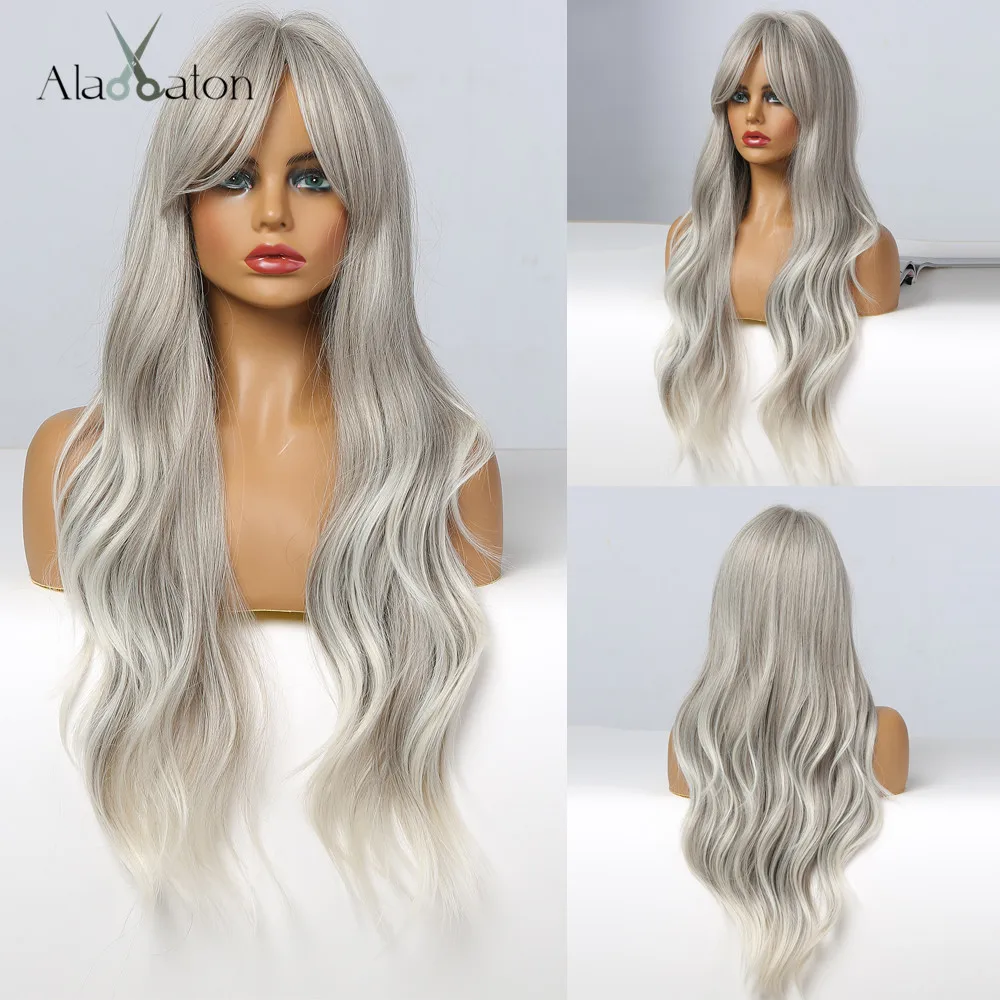

ALAN EATON Long Wavy Gray Ash Blonde White Ombre Wigs for Women Natural Synthetic Hair Wig with Bangs for Cosplay Daily Party