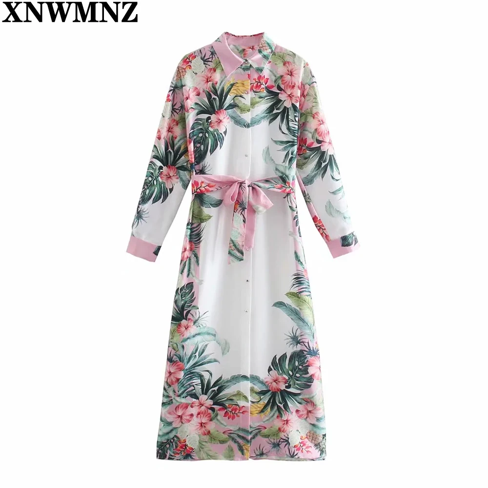 

XNWMNZ 2021 Women Dress Fashion Print With Belt Shirt Midi Dress Woman Elegant Robe Long Sleeve Button Casual Summer Dresses