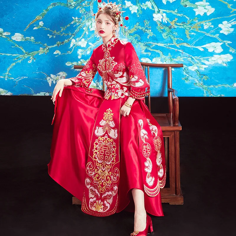 

Embroidery Pleated Formal Dress Royal Bride Wedding Cheongsam Vintage Chinese Traditional Bride Tang Suit Qipao