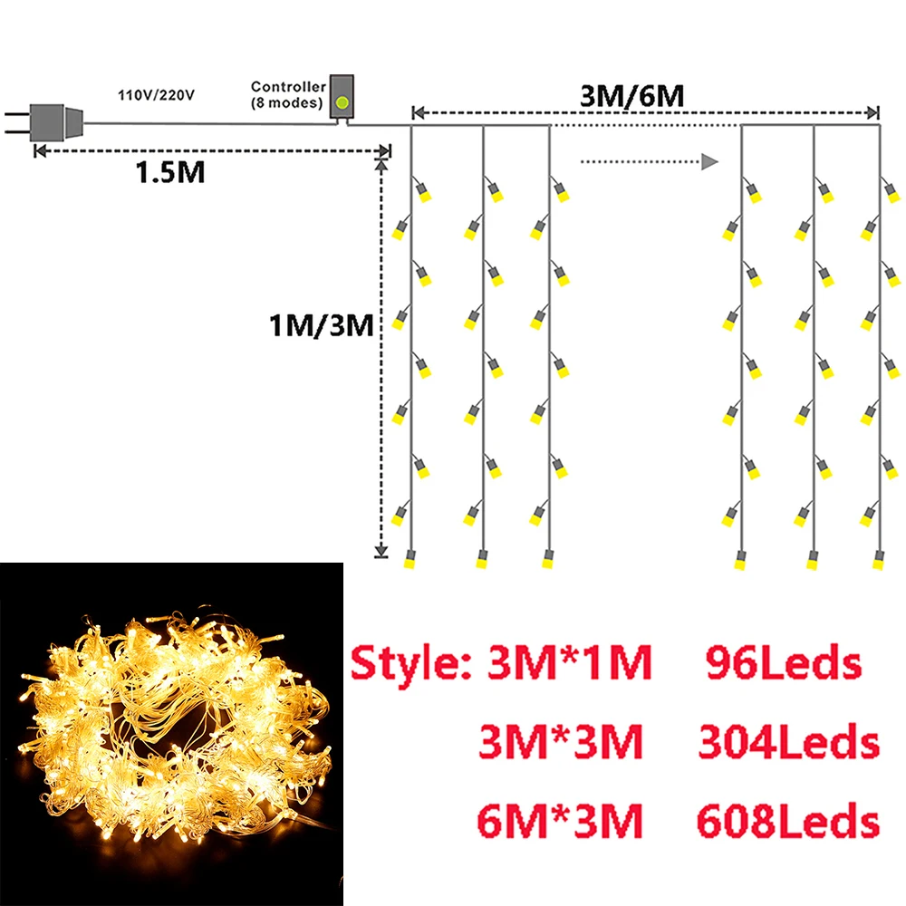 

LED 220V EU /110V US Plug String Curtains Light Waterfall Christmas Garland Fairy Lights Outdoor For Home Party Wedding Decor
