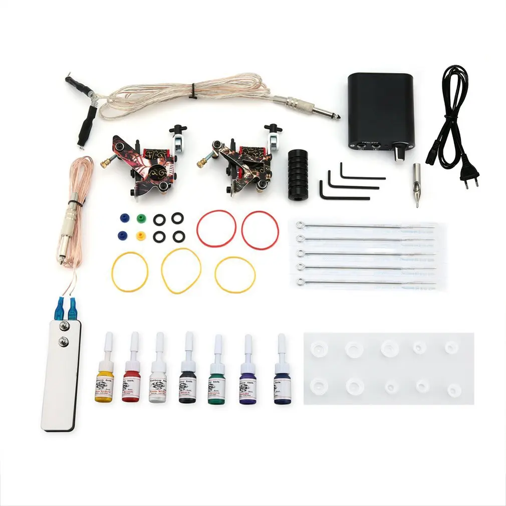 

Complete Beginner Tattoo Kit 2 Pro Machine Guns 7 Colors Inks Power Supply Needle Grips Tips Tatto Kits Accessories