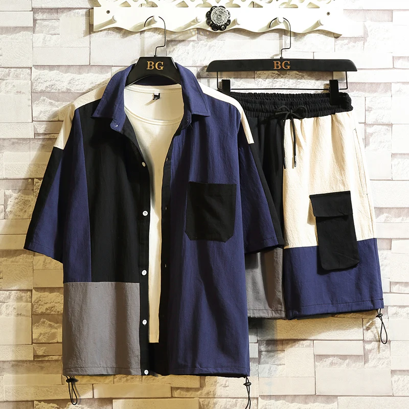 

Men's Set Clothing Shirt Shorts Suit Patchwork Pocket Korean Style Summer Oversize Casual Cotton Short Knee-Length Pants Fashion