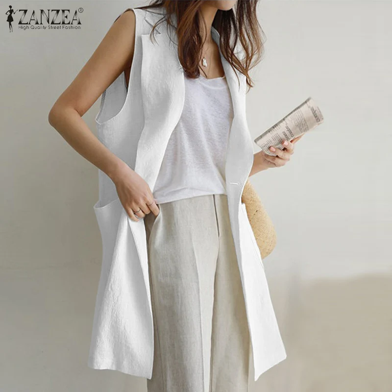 ZANZEA Elegant Female Autumn Pockets Vests Solid Coat Casual Work Buttons Waistcoat Office Sleeveless Fashion Jackets For Woman