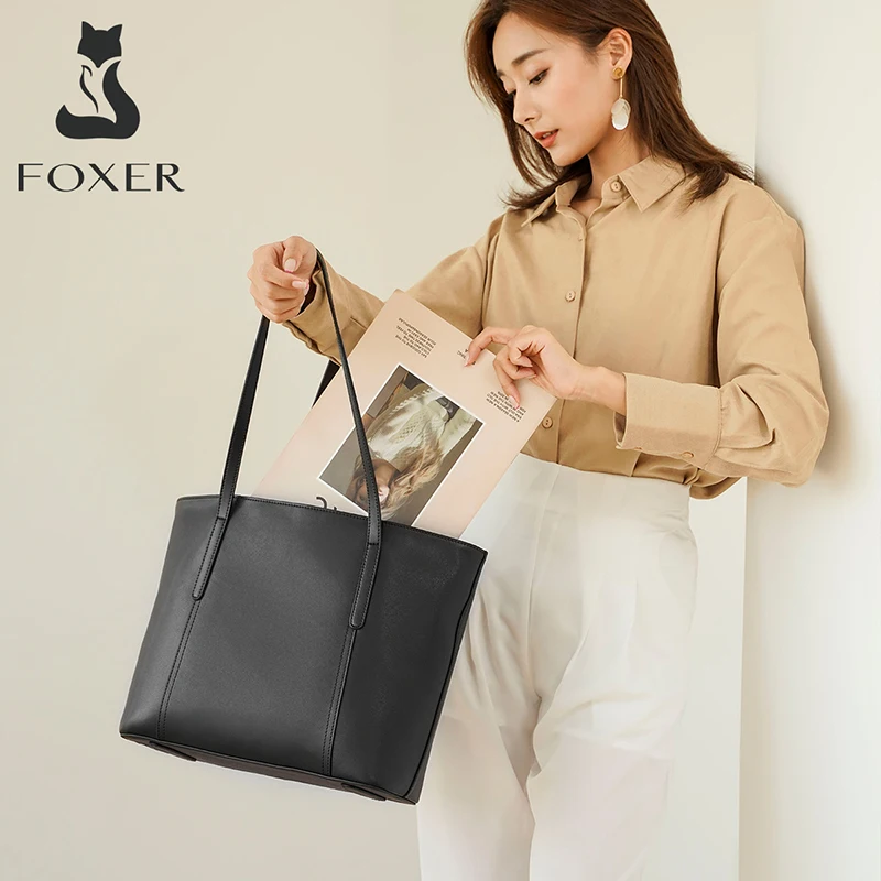 foxer new office lady premium tote bag split leather woman handbag large capacity versatile female shoulder bag top handle purse free global shipping