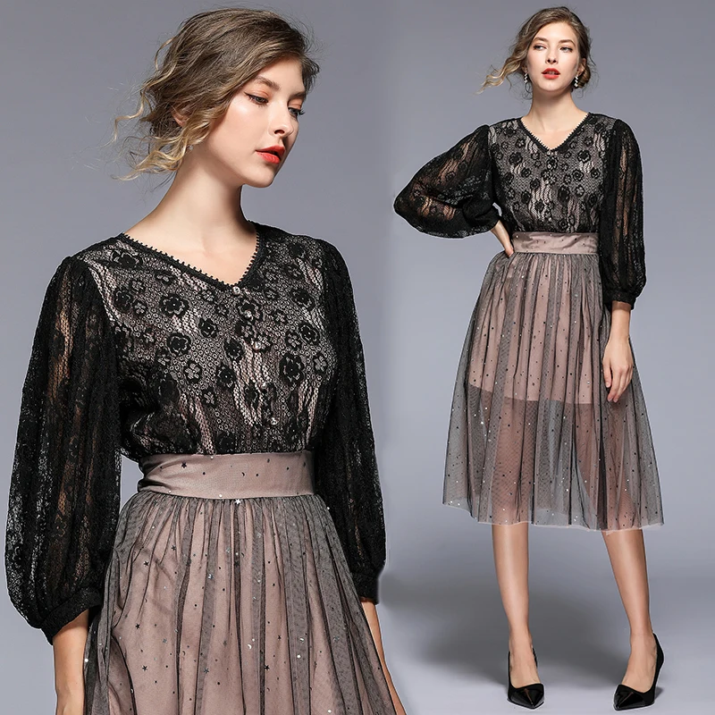 Новые элегантные кружевные сетчатые вечерние платья с вязаными вставками 2019