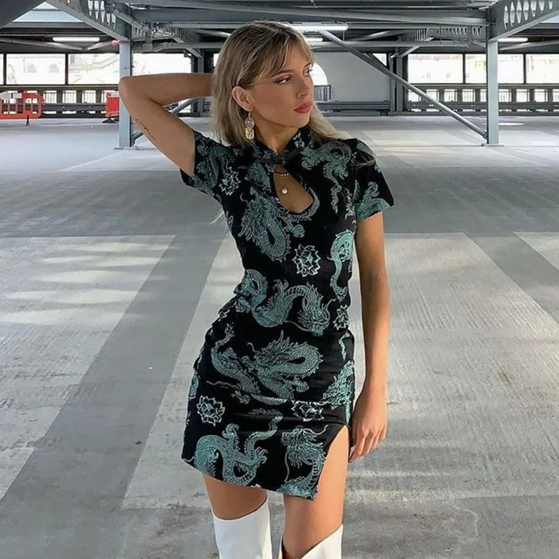 

NSHYPOI Chinese ethnic style retro disc buckle slim dress women's short-sleeved printed dragon pattern slit skirt 2022 summer