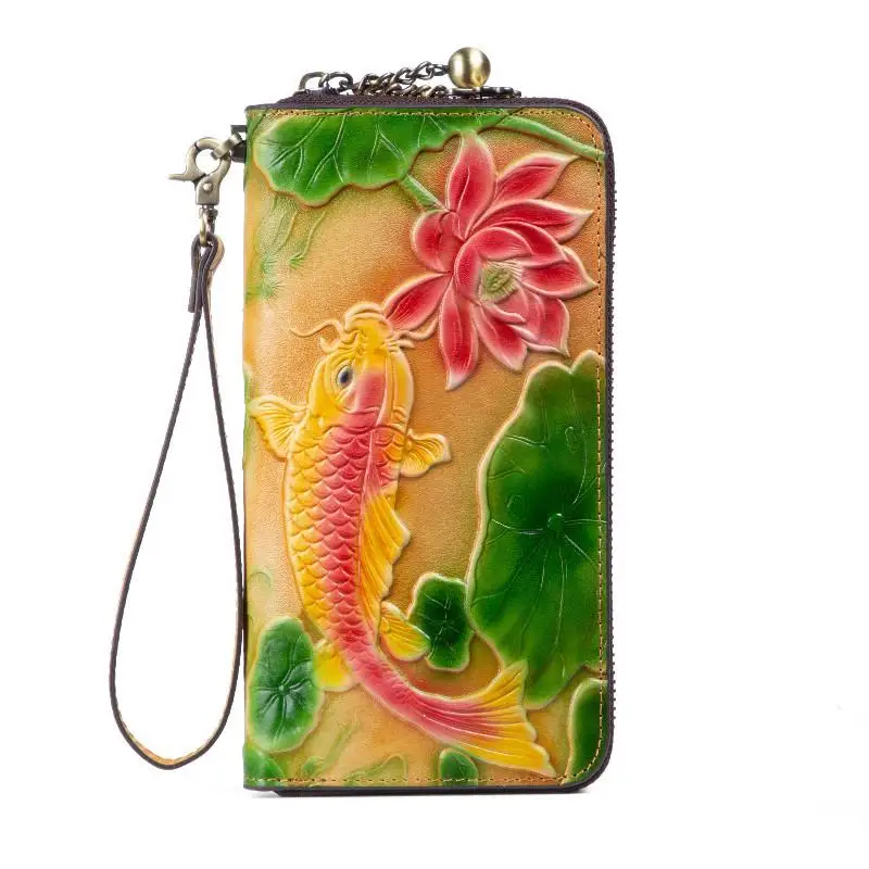 

Vintage Women Purse 2021 New Genuine Leather Hand Painted First Layer Cow Leather Long Lotus Lady Large Clutch Wallet